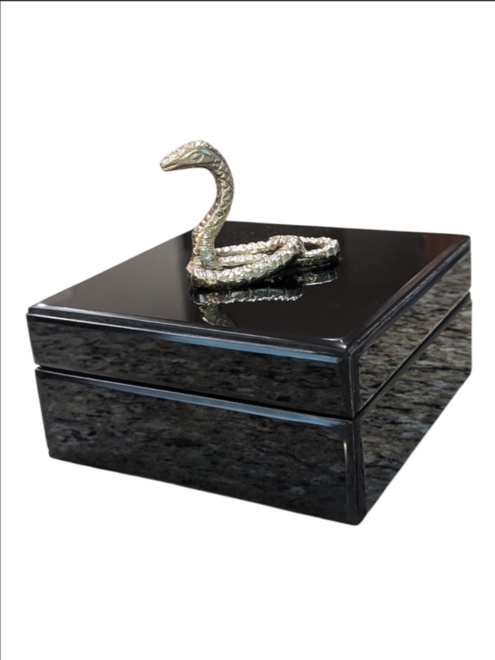 Square Black High Gloss Gold Coiled Snake Handled Hinged Velvet Linned Box
